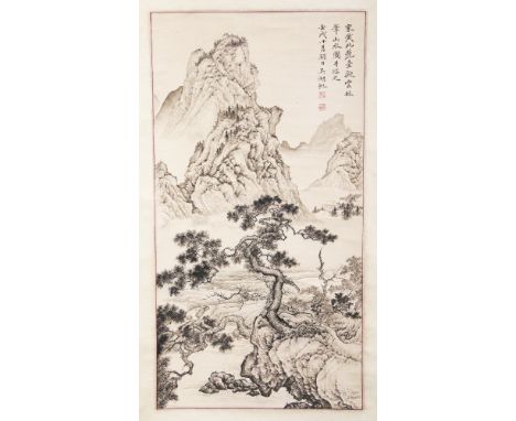 A CHINESE HANGING SCROLL PICTURE ON PAPER, depicting pine before a mountainous river landscape, the picture itself 29in x 15.