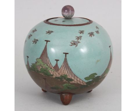 AN UNUSUAL JAPANESE MEIJI PERIOD CLOISONNE GLOBULAR TRIPOD JAR &amp; COVER, decorated with birds in flight above tented struc