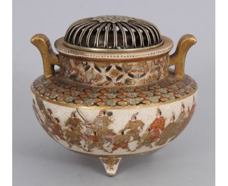 A FINE QUALITY SIGNED JAPANESE SATSUMA EARTHENWARE TRIPOD KORO &amp; COVER, together with a silver-metal cover, the sides fin