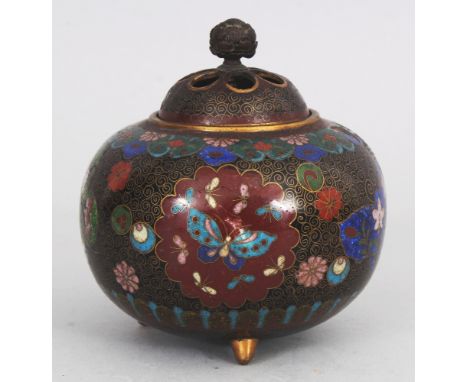 A JAPANESE MEIJI PERIOD CLOISONNE TRIPOD KORO &amp; COVER, decorated with a variety of shaped panels, 3.7in wide at widest po