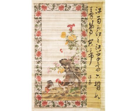 A CHINESE HANGING SCROLL PICTURE OF COCKERELS AMIDST FLOWERS AND ROCKWORK, the picture itself approx. 35.75in x 22.5in.