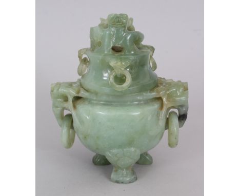 A 20TH CENTURY CHINESE GREEN JADE TRIPOD CENSER &amp; COVER, with loose ring handles, 5in wide including handles &amp; 5.75in
