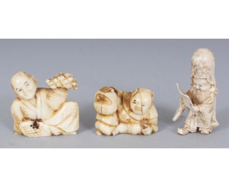 TWO SMALL EARLY 20TH CENTURY JAPANESE IVORY NETSUKE, 1.1in &amp; 0.6in high; together with a small ivory okimono of Fukurokuj