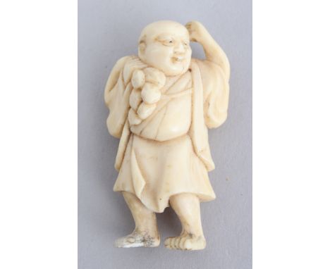 A SIGNED JAPANESE MEIJI PERIOD IVORY NETSUKE OF HOTEI, standing and bearing peach over his shoulder, the reverse with an engr