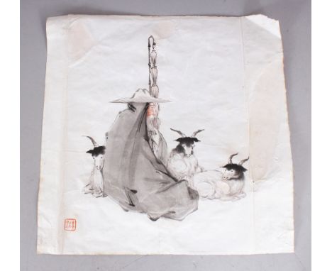 AN EARLY 20TH CENTURY CHINESE PAINTING ON PAPER OF A SAGE GOATHERD, well painted with the seated figure holding a staff and i