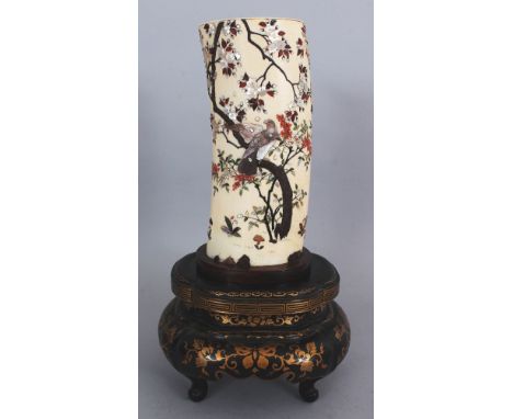 A GOOD QUALITY JAPANESE MEIJI PERIOD SHIBAYAMA &amp; IVORY TUSK VASE, together with a fixed wood stand and a separate lacquer
