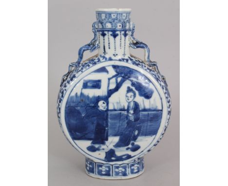 A 19TH CENTURY CHINESE BLUE &amp; WHITE PORCELAIN MOON FLASK, painted with two panels of a lady and a boy, the base with a fo