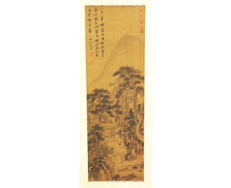 ANOTHER CHINESE HANGING SILK SCROLL PICTURE, depicting a hut beneath pine and before a towering mountain, the picture itself 