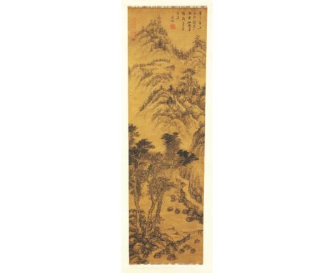 A CHINESE HANGING SILK SCROLL PICTURE, depicting a mountainous river landscape, the picture itself approx. 35.25in x 10.3in.