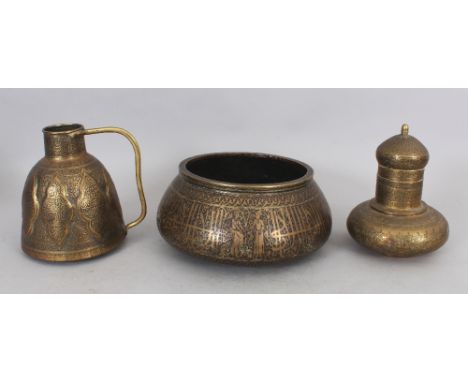 Three Brass Vessels, Persia, circa 1900, comprising a jar with domed lid, a squat bowl and a jug, variously decorated with en