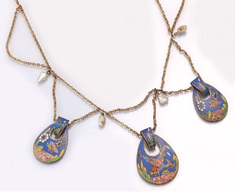 Collier, deutsch/Österreich um 1925,   Metall vergoldet, bunt emaill. in Cloisonne Technik mit Blumen und Schmetterlingen, Pe