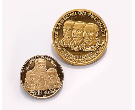 Konvolut 2 Goldmedaillen,   1 x GG 999/000, Mondlandung 1969, 21.7.1969, E. Aldrin, N. Armstrong, M. Collins, 1 x GG 900/000,