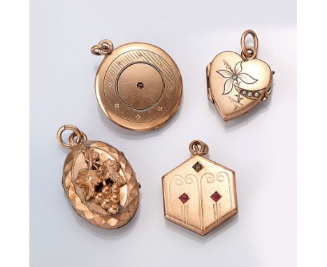 Konvolut 4 Jugendstil Medaillons, um 1900/10, Metall verg.   best. aus: 1 x hexagonal mit eleganter Gravur und 2 kl. rundface