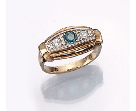 14 kt Gold Ring mit Turmalin und Diamant- Imitation,   um 1930, GG 585/000, mittig rundfacett. blau-grüner Turmalin ca. 0.25 