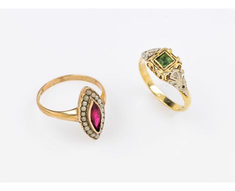 Konvolut 2 Gold Ringe mit Farbsteinen,   GG 585/000 und 333/000, Jugendstil um 1910, best.aus: 8 kt Gold Ring mit rotem Farbs