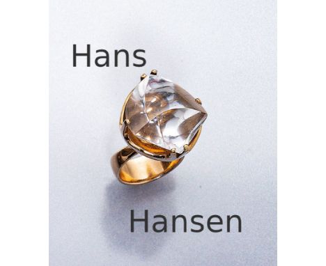 HANS HANSEN 14 kt Gold Designerring mit Bergkristall, Dänemark um 1960/70er Jahre,   GG 585/000, hoch aufgebauter Ringkopf in