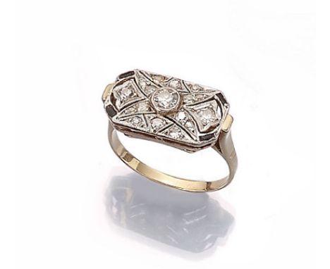 14 kt Gold Art-Deco Ring mit Diamanten,   GG 585/000, 1930er Jahre, Ringkopf plat., Durchbrucharbeit, Altschliffdiamant ca. 0