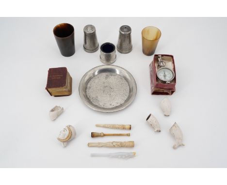 Collectors' items including a pewter cruet set, horn beakers, a miniature Book of Common Prayer, a boxed optical novelty 'Rap