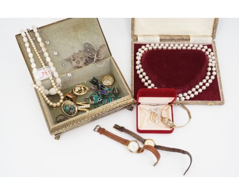 Vintage costume jewellery, including a white-metal filigree sailing ship, Art Deco style and paste riviera necklaces, and a G