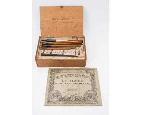 Vintage dip pens and pencils, nibs, and a 19th Century copy of Vere Foster's 'Lettering: Plain and Ornamental' for the practi