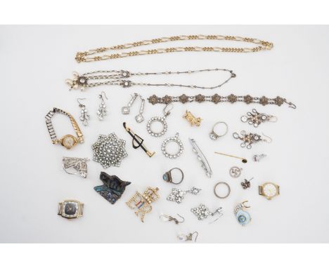 Vintage costume jewellery, including paste ear pendants, brooches, a white metal filigree bracelet, earrings and paste eterni