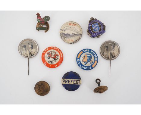 A collection of vintage button badges, lapel badges and military buttons, including 'NUR 1939' railway, and two George V roya
