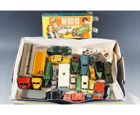 A collection of vintage Dinky and other die-cast toy cars, and the box for a Corgi Toys No 40 "Avengers Gift Set" (empty)