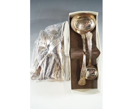 A quantity of electroplate King's pattern cutlery including a large ladle