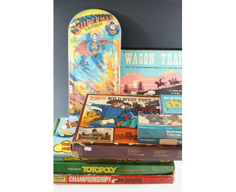 Various vintage games including 'Wagon Train', 'Superman', and Bagatelle etc.