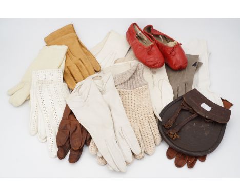 A child's vintage pair of scarlet red leather ballet shoes, a child's leather sporran, and a quantity of ladies' vintage kid 