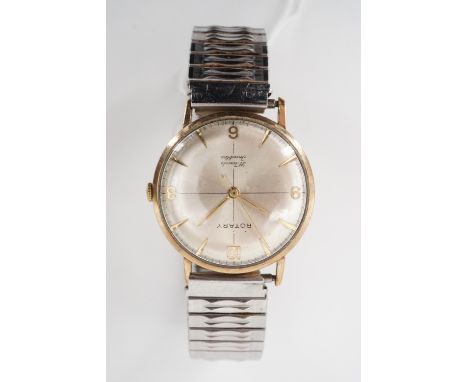 A 1960's Rotary 9ct gold wristwatch, with 21 jewel manual-wind movement, a radially-brushed silver face with gilt dagger mark