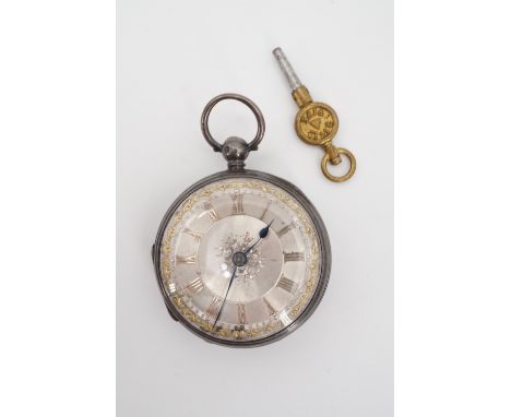 A late Victorian lady's silver cased fob watch, with key wound movement, engine turned face, and gilt Roman numerals, London,