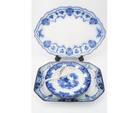 A Johnson Brothers blue and white ashet, a Burleighware ashet, and a sauce ladle etc