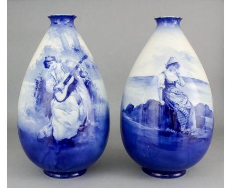 A pair of Royal Doulton pottery "Blue Children" large bulbous vases with narrow necks decorated in blue with a young Dutch gi