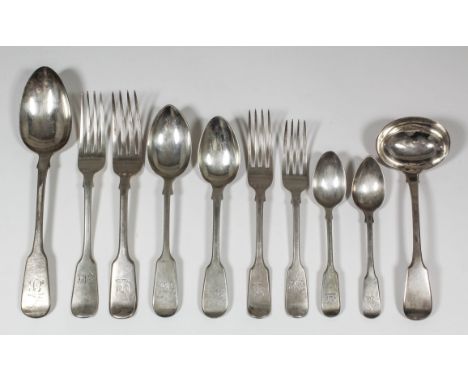 A matched silver fiddle pattern table service (mostly Victorian - various dates and makers - total weight 105ozs), comprising