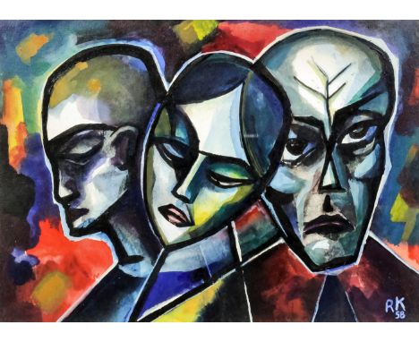 R.K (20th Century) - Three gouache Paintings - Triple portrait, 10ins x 14ins, monogrammed and dated '58, abstract giraffe, 1