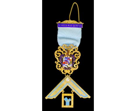 A 15ct gold and enamel Masonic Past Masters Jewel from  "Undine Lodge - No. 3394", suspended from a gilt metal hook and gilt 