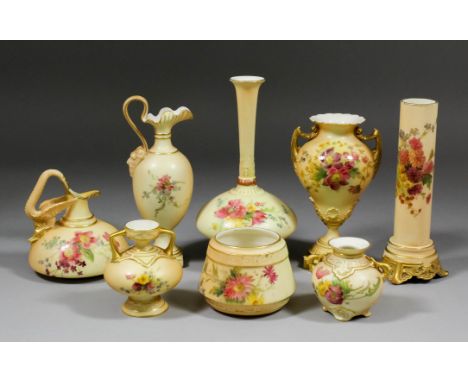 A small collection of late 19th/early 20th Century Royal Worcester "Blush Ivory" bone china, including - Vase of cylindrical 