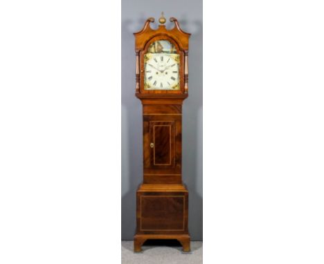 An early 19th Century "West Country" figured mahogany longcase clock, the 13ins arched painted dial with Roman numerals and s