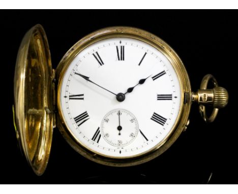 A late Victorian gentleman's 18ct gold full hunting cased keyless lever pocket watch, No. 16669, the white enamelled dial wit