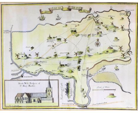 Early 18th Century coloured engravings after Harris's History of Kent - "The Isle of Thanet in Kent", and "Mappa Thaneti Insu