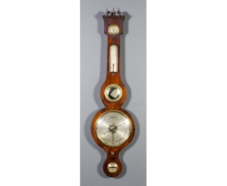 A Victorian rosewood cased wheel barometer, thermometer and hydrometer by Canti of London, with 8ins diameter silvered dial a