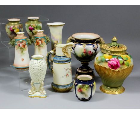 A small collection of late 19th/early 20th Century Royal Worcester bone china, including - Hadley ware two-handled vase on hi