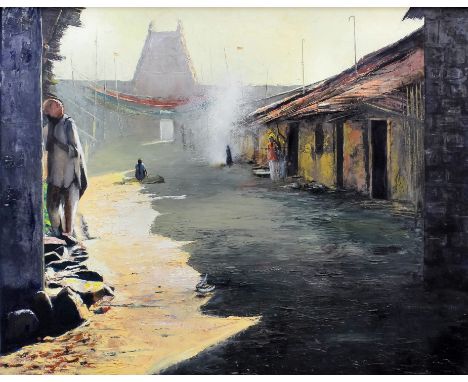 •***Girish K. Aannavar (20th Century) - Oil painting - Probably depicting a South Indian location , 23.5ins x 29.5ins, signed