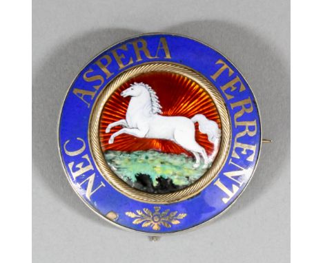 A gold coloured and enamel badge with the white leaping horse and motto "Nec Aspera Terrent" of the Duke of Lancaster's Regim