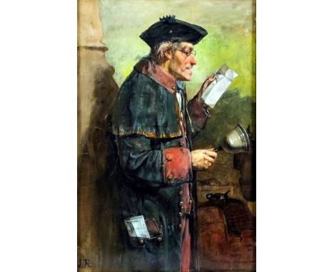 John L. Ritchie (fl. 1858-1875) - Oil Painting - "The Town Crier" - Three quarter length portrait of a town friar with a bell