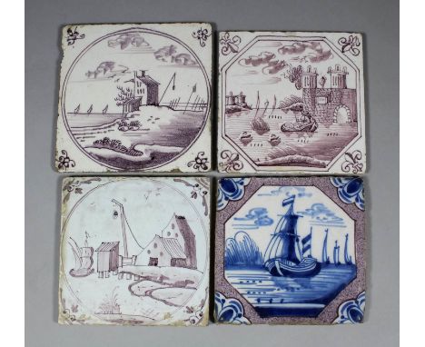 Three 18th Century Dutch Delft manganese tiles with landscape designs within differing borders, and a blue and white tile wit