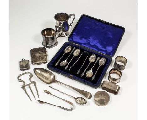 A set of six late Victorian silver "Apostle" tea spoons with shell pattern bowls and spiral twist handles, and pair of matchi