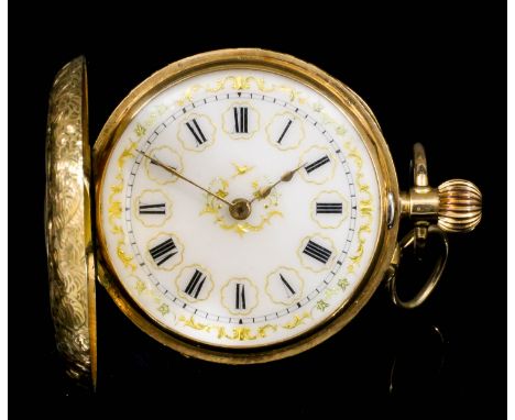 A late 19th Century Swiss lady's 14K gold half hunting keyless lever pocket watch, the white enamelled dial with Roman numera