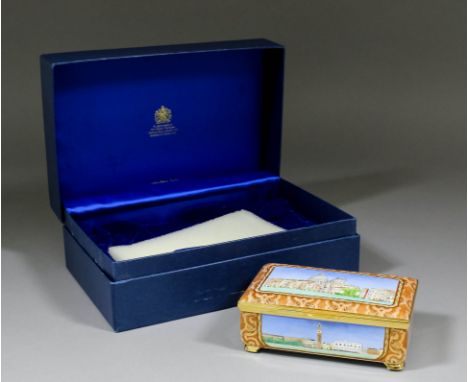 A modern Halcyon Days limited edition enamel rectangular musical box playing "The Four Seasons", the lid and sides decorated 